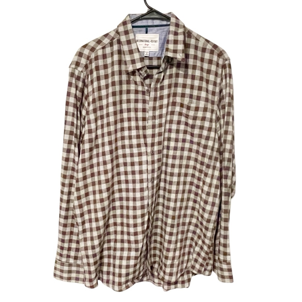 INTERNATIONAL REPORT Mens Size Large Brown Cream‎ Plaid Button Front Shirt